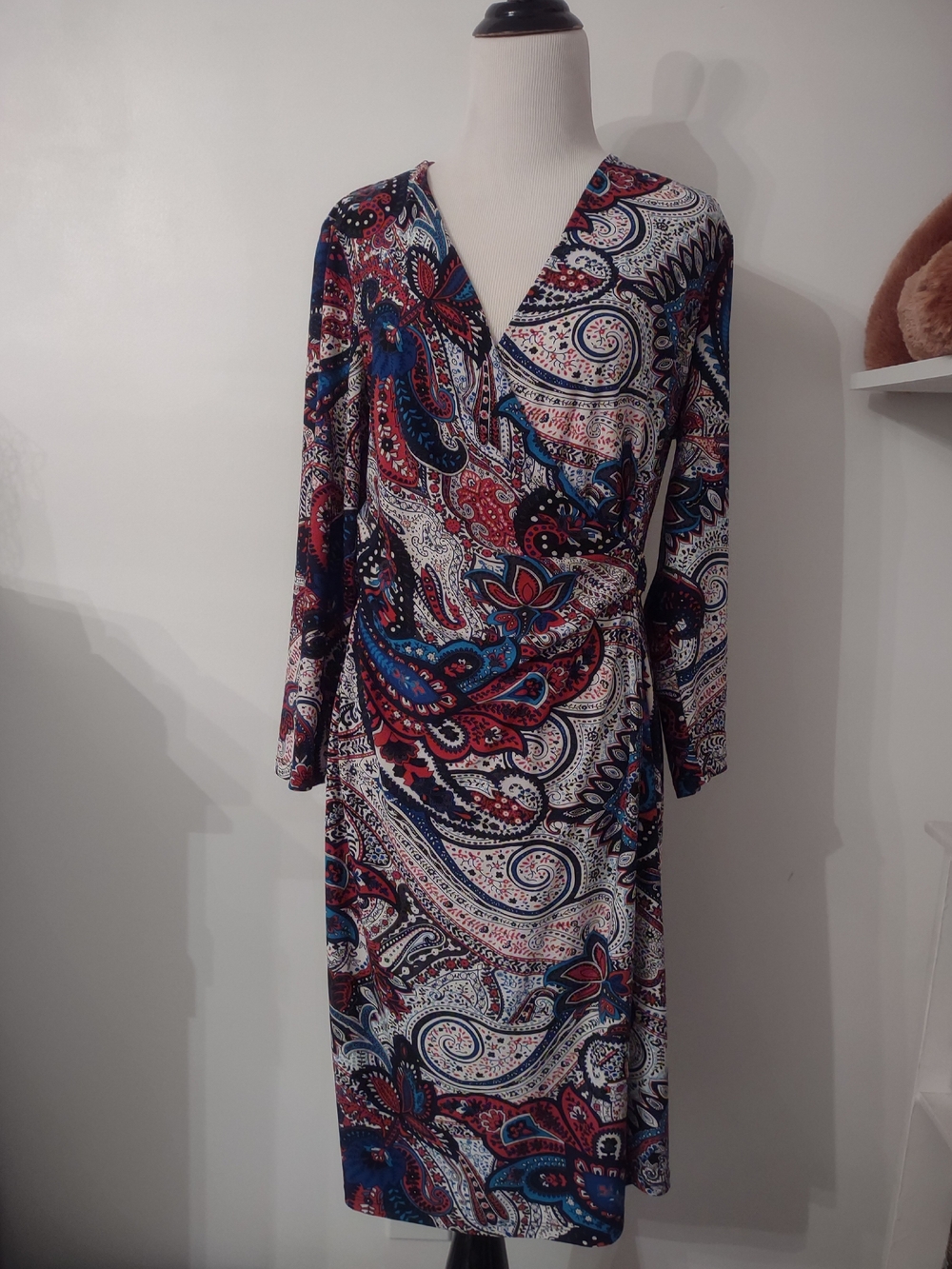 Kasper Paisley Wrap-Style Long Sleeve Dress in Red, Blue & Black